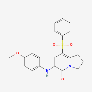 molecular formula C21H20N2O4S B13108642 8-Benzenesulfonyl-6-(4-methoxyphenylamino)-2,3-dihydro-1H-indolizin-5-one CAS No. 612065-25-5