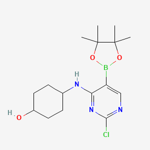 molecular formula C16H25BClN3O3 B13111207 trans-4-((2-Chloro-5-(4,4,5,5-tetramethyl-1,3,2-dioxaborolan-2-yl)pyrimidin-4-yl)amino)cyclohexanol 