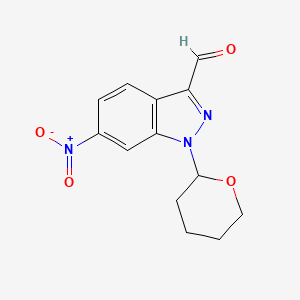 molecular formula C13H13N3O4 B13113900 6-Nitro-1-(tetrahydro-2H-pyran-2-yl)-1H-indazole-3-carbaldehyde 