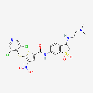 molecular formula C22H21Cl2N5O5S3 B13114292 5-((3,5-Dichloropyridin-4-yl)thio)-N-(3-((2-(dimethylamino)ethyl)amino)-1,1-dioxido-2,3-dihydrobenzo[b]thiophen-6-yl)-4-nitrothiophene-2-carboxamide 