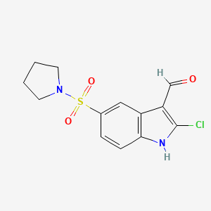 molecular formula C13H13ClN2O3S B13115638 2-chloro-5-(pyrrolidin-1-ylsulfonyl)-1H-indole-3-carbaldehyde 