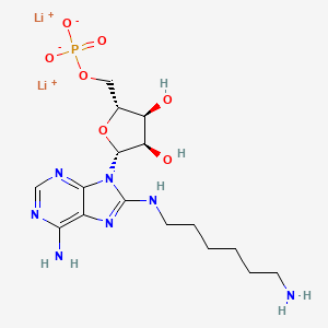 molecular formula C16H26Li2N7O7P B13119266 Lithium ((2R,3S,4R,5R)-5-(6-amino-8-((6-aminohexyl)amino)-9H-purin-9-yl)-3,4-dihydroxytetrahydrofuran-2-yl)methyl phosphate 