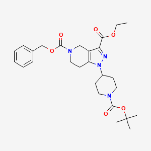 molecular formula C27H36N4O6 B13119720 5-Benzyl 3-ethyl 1-(1-(tert-butoxycarbonyl)piperidin-4-YL)-6,7-dihydro-1H-pyrazolo[4,3-C]pyridine-3,5(4H)-dicarboxylate 