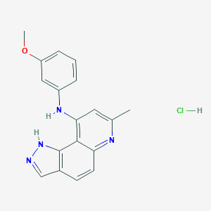 molecular formula C18H17ClN4O B131219 9-((3-Methoxyphenyl)amino)-7-methyl-1H-pyrazolo(3,4-f)quinoline CAS No. 144588-46-5