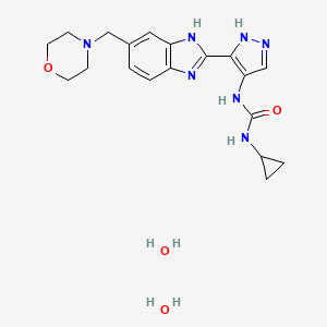 molecular formula C19H27N7O4 B13123091 1-cyclopropyl-3-[5-[6-(morpholin-4-ylmethyl)-1H-benzimidazol-2-yl]-1H-pyrazol-4-yl]urea;dihydrate 