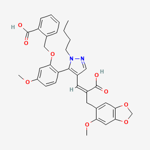 molecular formula C34H34N2O9 B13126328 2-[[2-[2-butyl-4-[(Z)-2-carboxy-3-(6-methoxy-1,3-benzodioxol-5-yl)prop-1-enyl]pyrazol-3-yl]-5-methoxyphenoxy]methyl]benzoic acid 