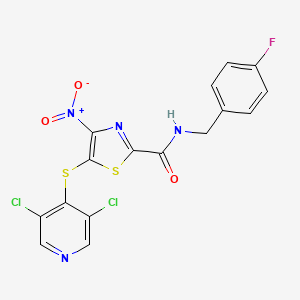 molecular formula C16H9Cl2FN4O3S2 B13129062 5-((3,5-Dichloropyridin-4-yl)thio)-N-(4-fluorobenzyl)-4-nitrothiazole-2-carboxamide 