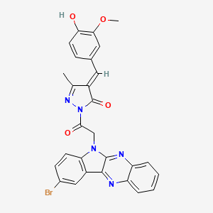 molecular formula C28H20BrN5O4 B13129621 3H-Pyrazol-3-one, 2,4-dihydro-2-((9-bromo-6H-indolo(2,3-b)quinoxalin-6-yl)acetyl)-4-((4-hydroxy-3-methoxyphenyl)methylene)-5-methyl- CAS No. 119457-28-2