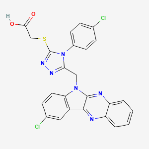 molecular formula C25H16Cl2N6O2S B13134945 Acetic acid, ((5-((9-chloro-6H-indolo(2,3-b)quinoxalin-6-yl)methyl)-1-(4-chlorophenyl)-1H-1,3,4-triazol-2-yl)thio)- CAS No. 116989-82-3