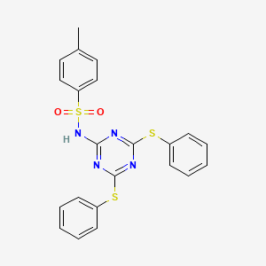 molecular formula C22H18N4O2S3 B13135100 N-[4,6-Bis(phenylsulfanyl)-1,3,5-triazin-2-yl]-4-methylbenzene-1-sulfonamide CAS No. 62752-08-3