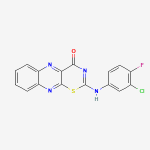 molecular formula C16H8ClFN4OS B13136376 4H-1,3-Thiazino(5,6-b)quinoxalin-4-one, 2-((3-chloro-4-fluorophenyl)amino)- CAS No. 154371-22-9