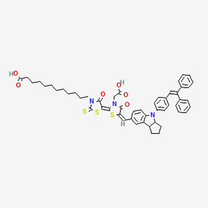 molecular formula C52H53N3O6S3 B13140271 12-[(5Z)-5-[(5E)-3-(carboxymethyl)-5-[[4-[4-(2,2-diphenylethenyl)phenyl]-2,3,3a,8b-tetrahydro-1H-cyclopenta[b]indol-7-yl]methylidene]-4-oxo-1,3-thiazolidin-2-ylidene]-4-oxo-2-sulfanylidene-1,3-thiazolidin-3-yl]dodecanoic acid 