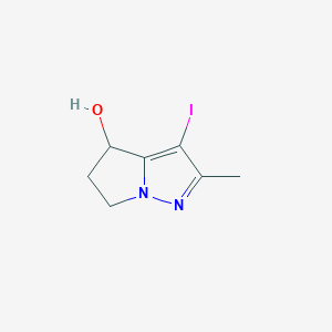 molecular formula C7H9IN2O B13146707 3-Iodo-2-methyl-5,6-dihydro-4H-pyrrolo[1,2-b]pyrazol-4-ol 