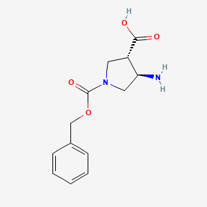 molecular formula C13H16N2O4 B13153287 trans-4-Amino-1-Cbz-pyrrolidine-3-carboxylic acid 