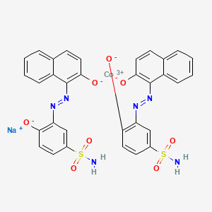 molecular formula C32H22CoN6O8S2.Na<br>C32H22CoN6NaO8S2 B13153431 Cobaltate(1-), bis(4-(hydroxy-kappaO)-3-((2-(hydroxy-kappaO)-1-naphthalenyl)azo-kappaN1)benzenesulfonamidato(2-))-, sodium CAS No. 58302-43-5