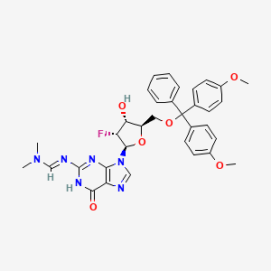 molecular formula C34H35FN6O6 B13153845 N'-(9-((2R,3R,4R,5R)-5-((Bis(4-methoxyphenyl)(phenyl)methoxy)methyl)-3-fluoro-4-hydroxytetrahydrofuran-2-yl)-6-oxo-6,9-dihydro-1H-purin-2-yl)-N,N-dimethylformimidamide 