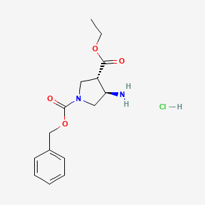 molecular formula C15H21ClN2O4 B13155339 trans-1-Benzyl 3-ethyl 4-aminopyrrolidine-1,3-dicarboxylate hydrochloride 