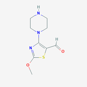 molecular formula C9H13N3O2S B13164098 2-Methoxy-4-(piperazin-1-yl)-1,3-thiazole-5-carbaldehyde 