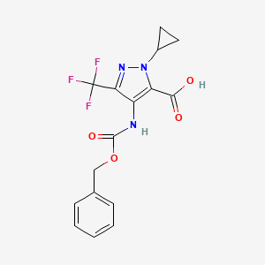 molecular formula C16H14F3N3O4 B13167080 4-{[(benzyloxy)carbonyl]amino}-1-cyclopropyl-3-(trifluoromethyl)-1H-pyrazole-5-carboxylic acid 