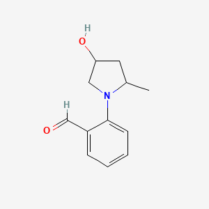 molecular formula C12H15NO2 B13168523 2-(4-Hydroxy-2-methylpyrrolidin-1-yl)benzaldehyde 