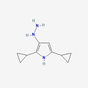 molecular formula C10H15N3 B13174816 2,5-Dicyclopropyl-3-hydrazinyl-1H-pyrrole 