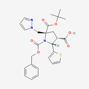 molecular formula C26H29N3O6S B13175646 (2R,3S,5R)-5-[(2-methylpropan-2-yl)oxycarbonyl]-1-phenylmethoxycarbonyl-5-(pyrazol-1-ylmethyl)-2-thiophen-2-ylpyrrolidine-3-carboxylic acid 