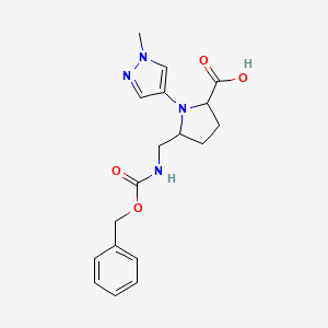 molecular formula C18H22N4O4 B13188295 5-({[(benzyloxy)carbonyl]amino}methyl)-1-(1-methyl-1H-pyrazol-4-yl)pyrrolidine-2-carboxylic acid 