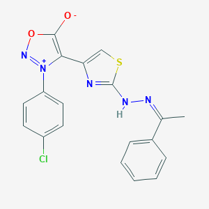 molecular formula C19H14ClN5O2S B131904 3-(4-Chlorophenyl)-5-hydroxy-4-((2-alpha-benzylidenehydrazino)-4-thiazolyl)-1,2,3-oxadiazolium CAS No. 155812-27-4
