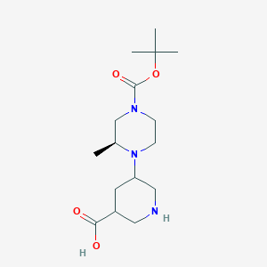 molecular formula C16H29N3O4 B13191115 5-[(2S)-4-[(tert-Butoxy)carbonyl]-2-methylpiperazin-1-yl]piperidine-3-carboxylic acid 