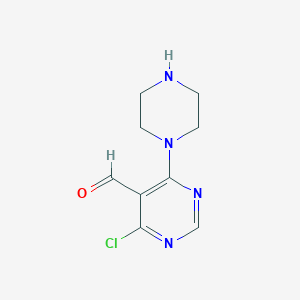 molecular formula C9H11ClN4O B13192212 4-Chloro-6-(piperazin-1-YL)pyrimidine-5-carbaldehyde 