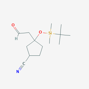 molecular formula C14H25NO2Si B13195045 3-[(tert-Butyldimethylsilyl)oxy]-3-(2-oxoethyl)cyclopentane-1-carbonitrile 