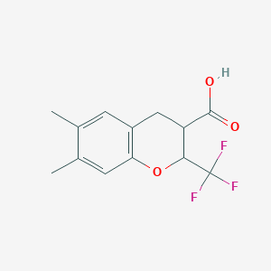 molecular formula C13H13F3O3 B13195828 6,7-Dimethyl-2-(trifluoromethyl)-3,4-dihydro-2H-1-benzopyran-3-carboxylic acid 