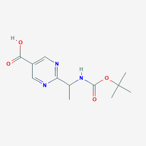 molecular formula C12H17N3O4 B13200449 2-(1-((Tert-butoxycarbonyl)amino)ethyl)pyrimidine-5-carboxylic acid 