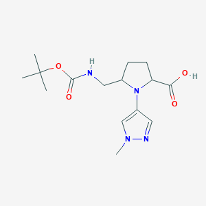 molecular formula C15H24N4O4 B13209844 5-({[(tert-butoxy)carbonyl]amino}methyl)-1-(1-methyl-1H-pyrazol-4-yl)pyrrolidine-2-carboxylic acid 