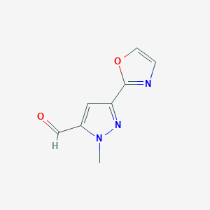 molecular formula C8H7N3O2 B13213783 1-Methyl-3-(1,3-oxazol-2-yl)-1H-pyrazole-5-carbaldehyde 