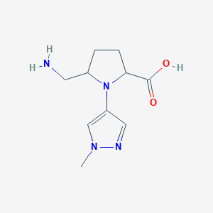 molecular formula C10H16N4O2 B13235321 5-(Aminomethyl)-1-(1-methyl-1H-pyrazol-4-yl)pyrrolidine-2-carboxylic acid 