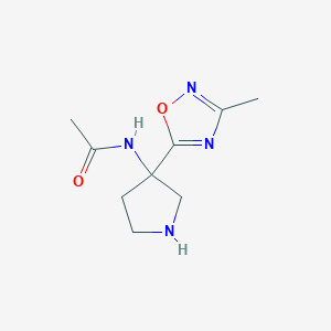 molecular formula C9H14N4O2 B13251132 N-[3-(3-methyl-1,2,4-oxadiazol-5-yl)pyrrolidin-3-yl]acetamide 