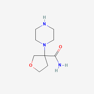 molecular formula C9H17N3O2 B13251326 3-(Piperazin-1-yl)oxolane-3-carboxamide 