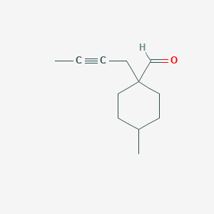 molecular formula C12H18O B13253754 1-(But-2-yn-1-yl)-4-methylcyclohexane-1-carbaldehyde 