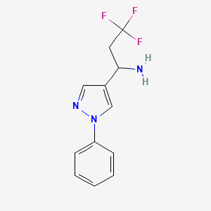 molecular formula C12H12F3N3 B13255572 3,3,3-Trifluoro-1-(1-phenyl-1H-pyrazol-4-yl)propan-1-amine 