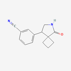 molecular formula C14H14N2O B13255624 3-{5-Oxo-6-azaspiro[3.4]octan-8-yl}benzonitrile 