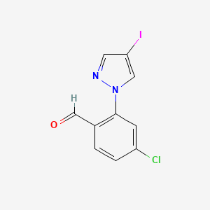 molecular formula C10H6ClIN2O B13268689 4-Chloro-2-(4-iodo-1H-pyrazol-1-yl)benzaldehyde 