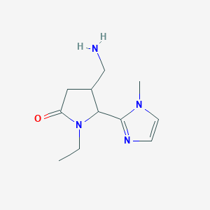 molecular formula C11H18N4O B13270438 4-(Aminomethyl)-1-ethyl-5-(1-methyl-1H-imidazol-2-yl)pyrrolidin-2-one 