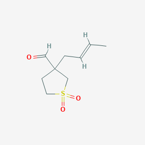 molecular formula C9H14O3S B13272303 3-(But-2-en-1-yl)-1,1-dioxo-1lambda6-thiolane-3-carbaldehyde 