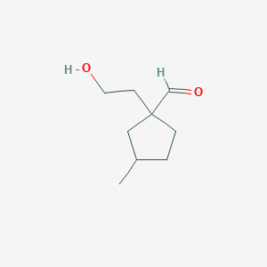 molecular formula C9H16O2 B13276074 1-(2-Hydroxyethyl)-3-methylcyclopentane-1-carbaldehyde 