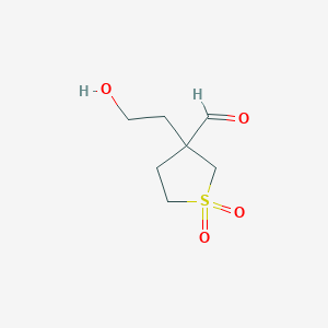 molecular formula C7H12O4S B13276219 3-(2-Hydroxyethyl)tetrahydrothiophene-3-carbaldehyde 1,1-dioxide 