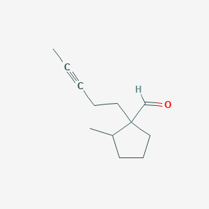 molecular formula C12H18O B13276343 2-Methyl-1-(pent-3-yn-1-yl)cyclopentane-1-carbaldehyde 