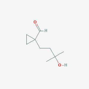 molecular formula C9H16O2 B13286408 1-(3-Hydroxy-3-methylbutyl)cyclopropane-1-carbaldehyde 