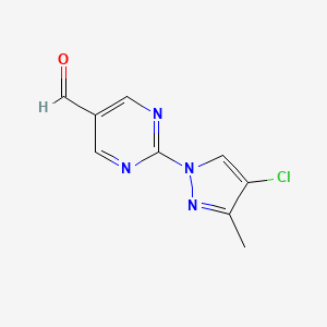 molecular formula C9H7ClN4O B13289162 2-(4-Chloro-3-methyl-1H-pyrazol-1-YL)pyrimidine-5-carbaldehyde 