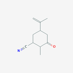 molecular formula C11H15NO B13296376 2-Methyl-3-oxo-5-prop-1-en-2-ylcyclohexane-1-carbonitrile 